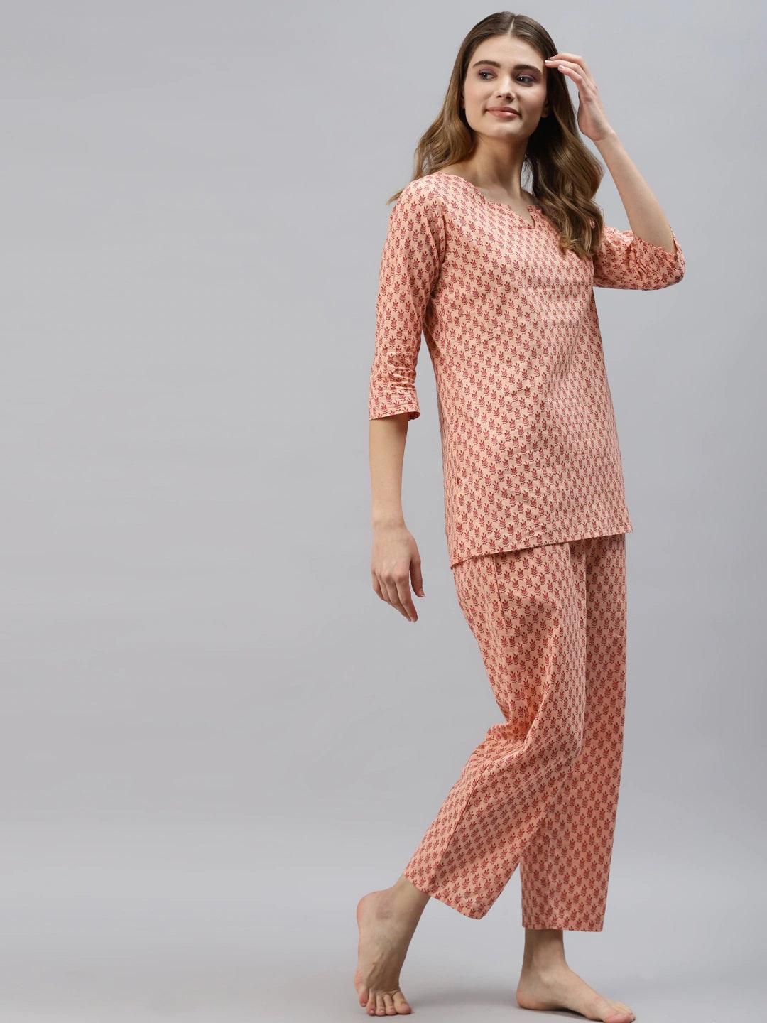 Peach Floral Printed Night Suit | LASVINI - Redefining Indian Fashion with Elegance