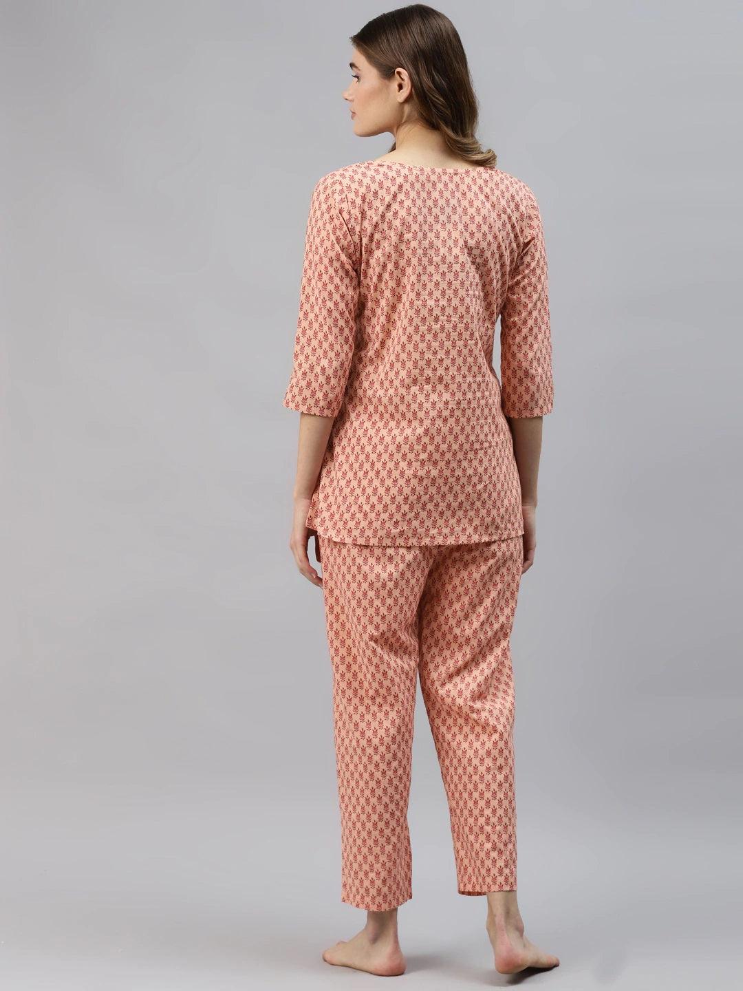 Peach Floral Printed Night Suit | LASVINI - Redefining Indian Fashion with Elegance