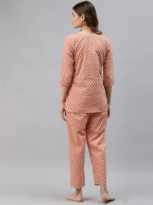 Peach Floral Printed Night Suit | LASVINI - Redefining Indian Fashion with Elegance