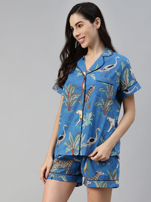 Teal Blue Cotton Quirky Print Night Suit | LASVINI - Redefining Indian Fashion with Elegance