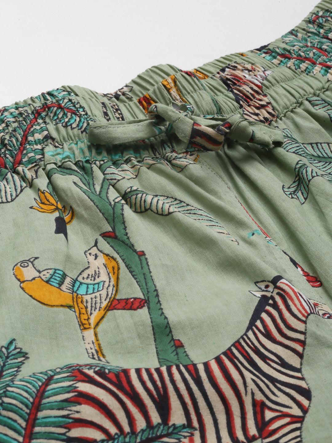Sea Green Cotton Animal Print Night Suit | LASVINI - Redefining Indian Fashion with Elegance