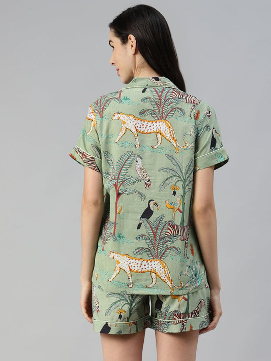 Sea Green Cotton Animal Print Night Suit | LASVINI - Redefining Indian Fashion with Elegance