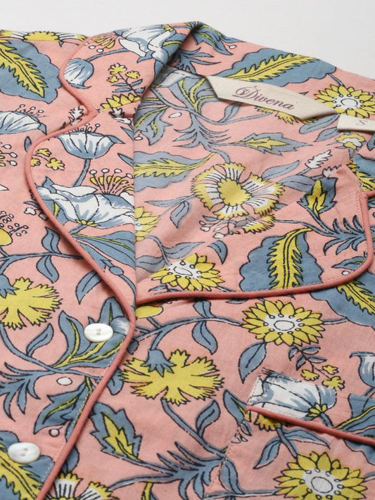Peach Cotton Floral Print Night Suit | LASVINI - Redefining Indian Fashion with Elegance