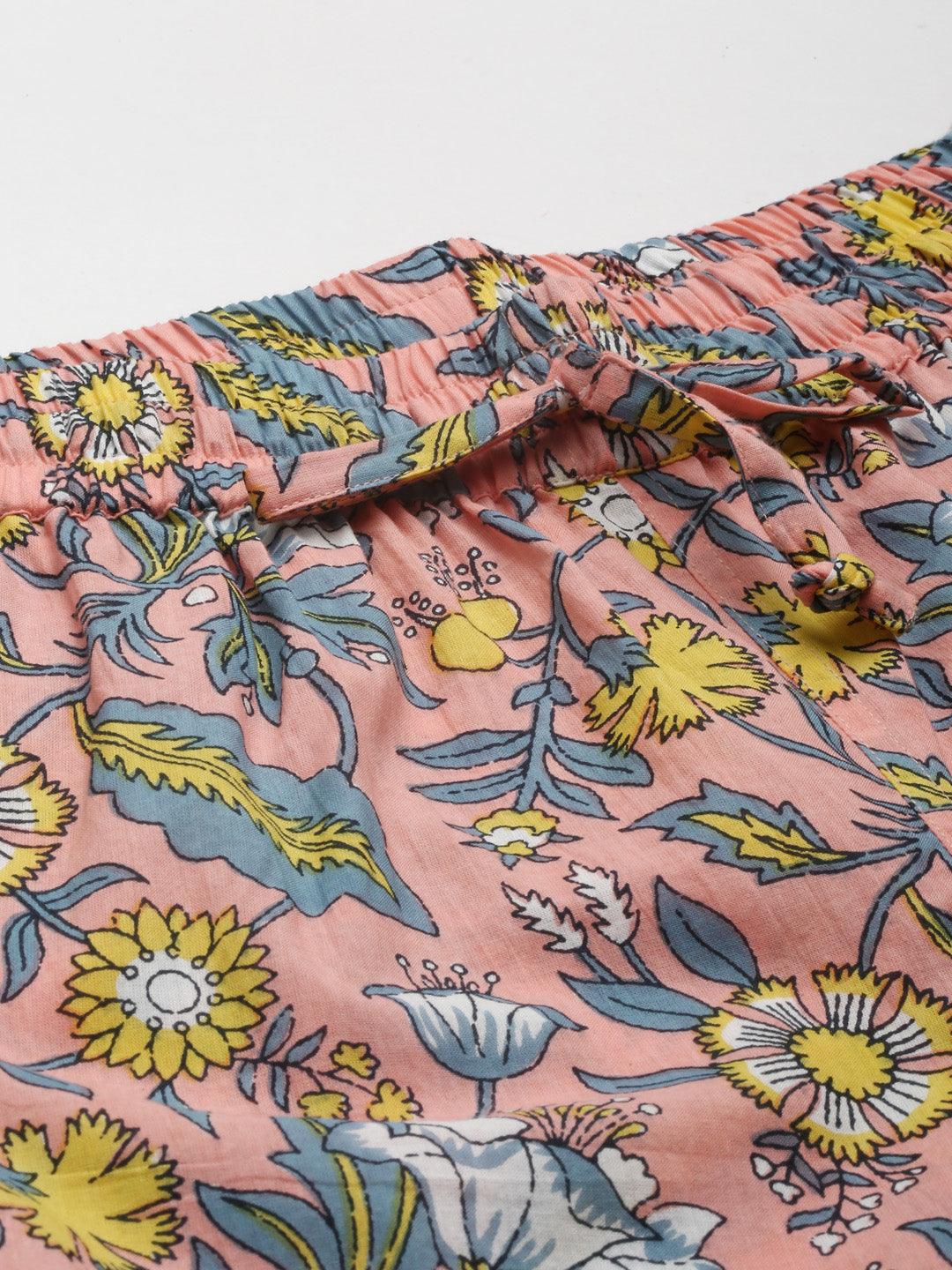 Peach Cotton Floral Print Night Suit | LASVINI - Redefining Indian Fashion with Elegance