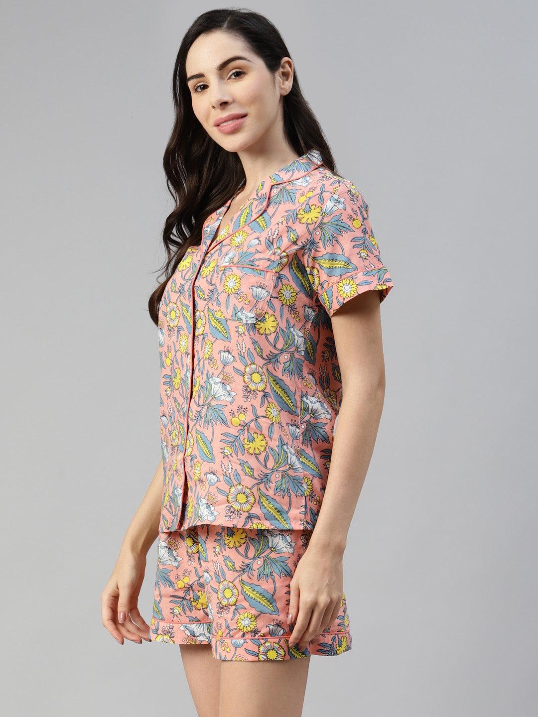 Peach Cotton Floral Print Night Suit | LASVINI - Redefining Indian Fashion with Elegance