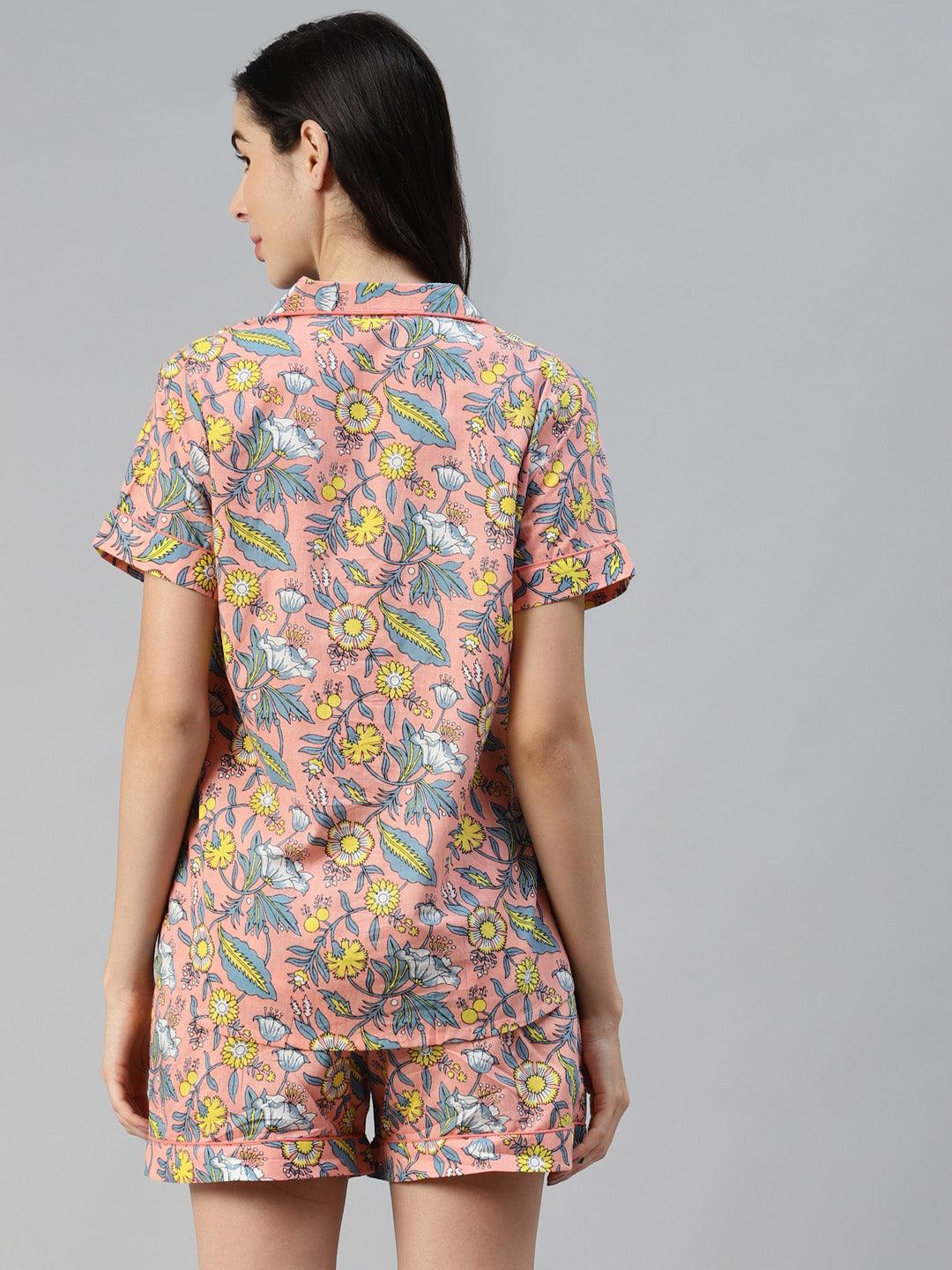 Peach Cotton Floral Print Night Suit | LASVINI - Redefining Indian Fashion with Elegance