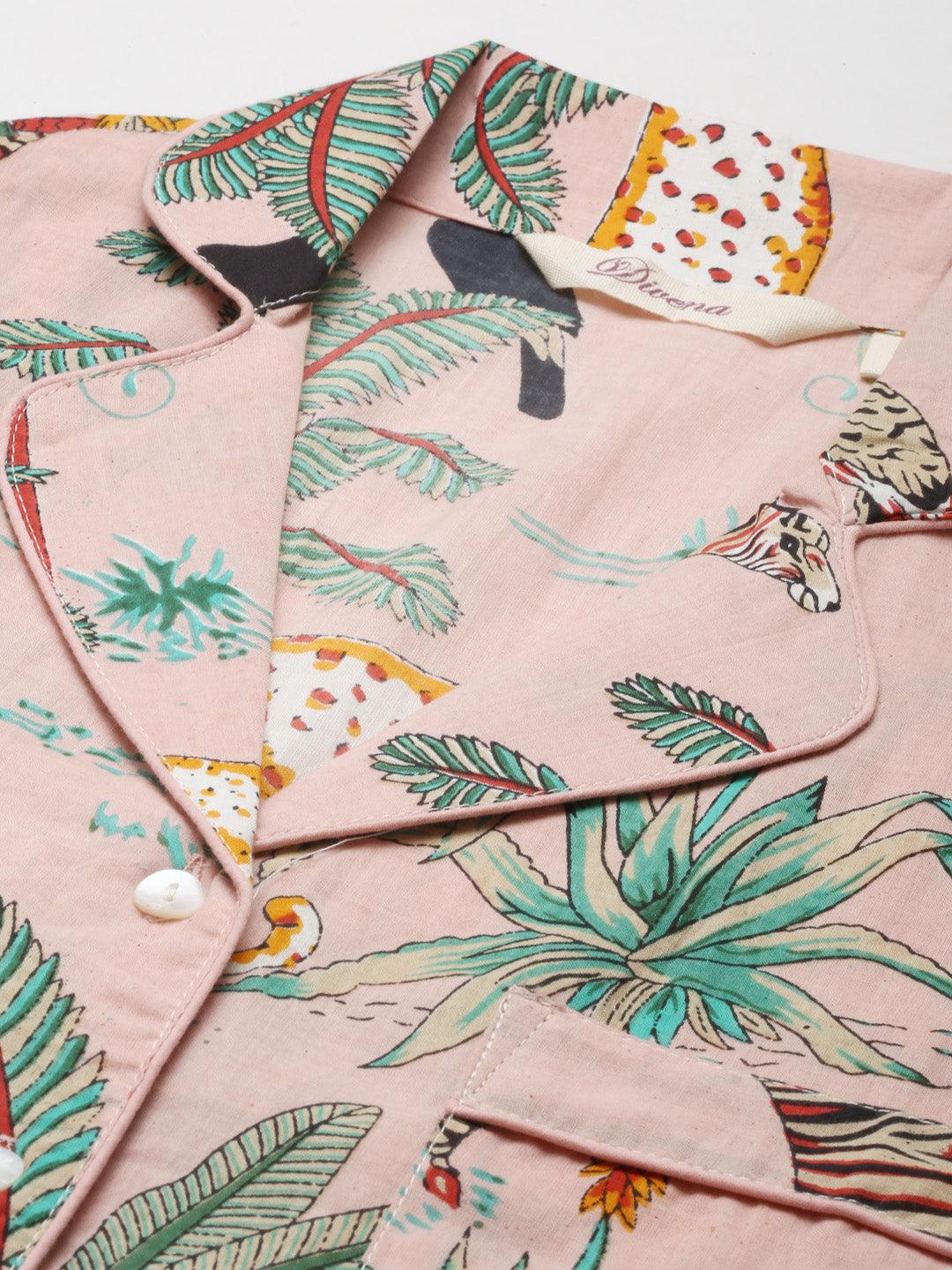 Pink Cotton Floral Print Night Suit | LASVINI - Redefining Indian Fashion with Elegance