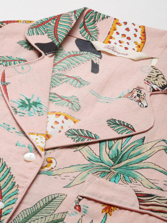 Pink Cotton Floral Print Night Suit | LASVINI - Redefining Indian Fashion with Elegance