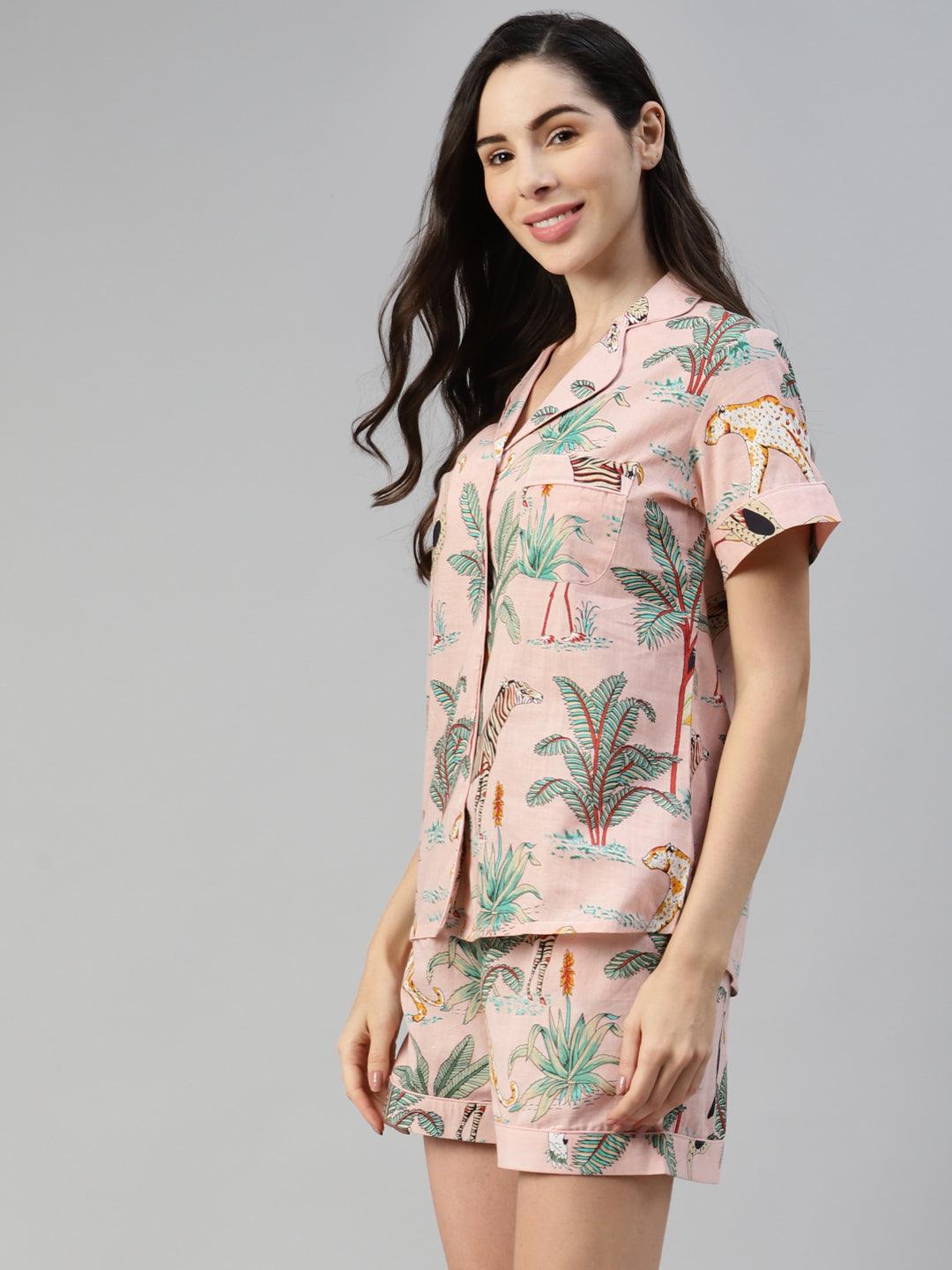Pink Cotton Floral Print Night Suit | LASVINI - Redefining Indian Fashion with Elegance