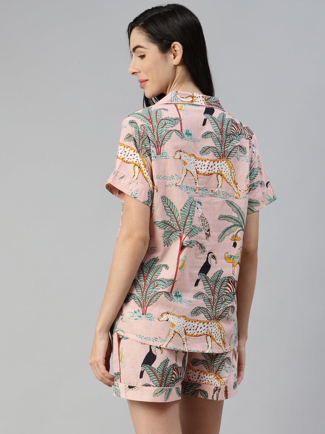 Pink Cotton Floral Print Night Suit | LASVINI - Redefining Indian Fashion with Elegance