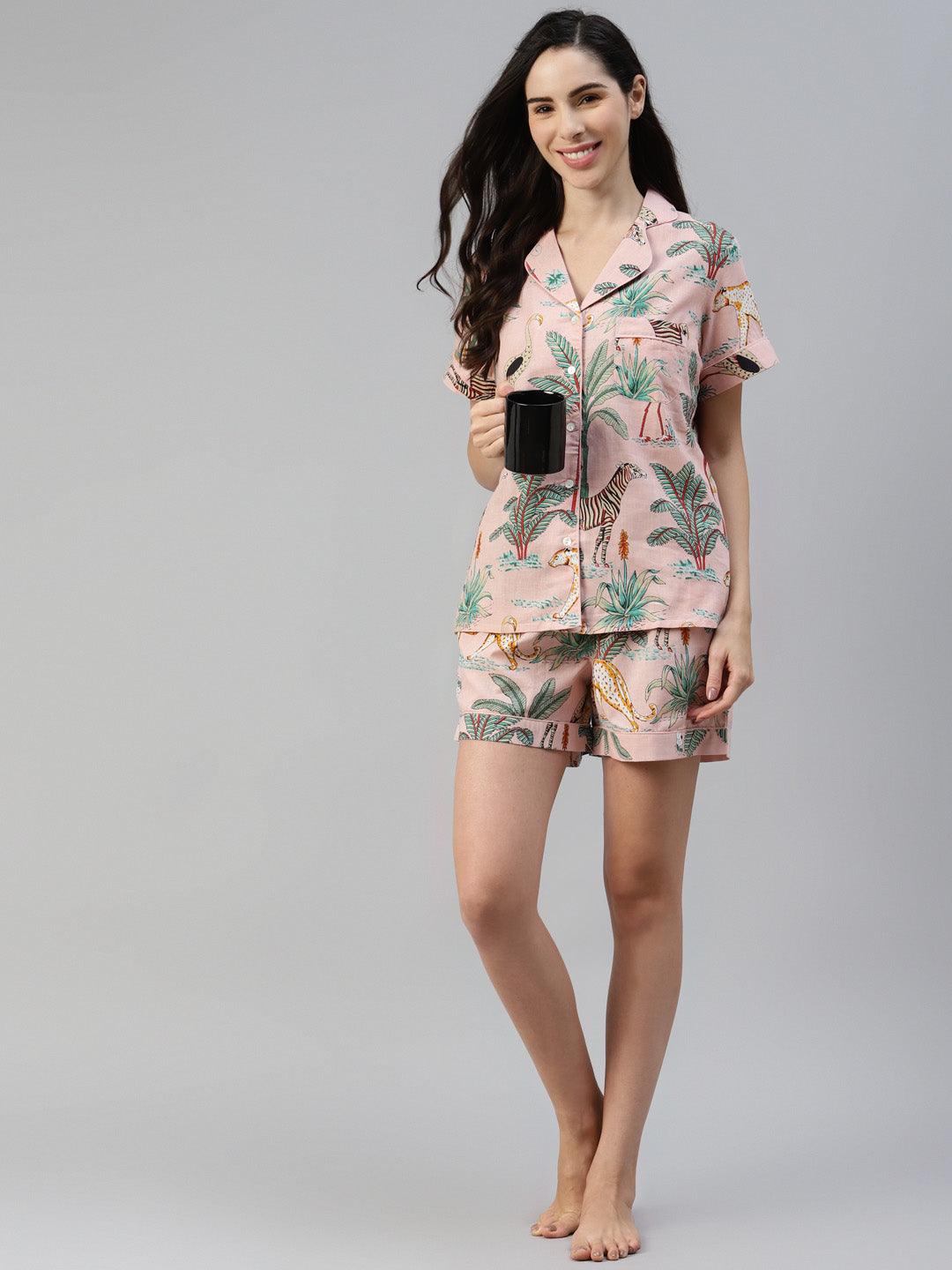 Pink Cotton Floral Print Night Suit | LASVINI - Redefining Indian Fashion with Elegance