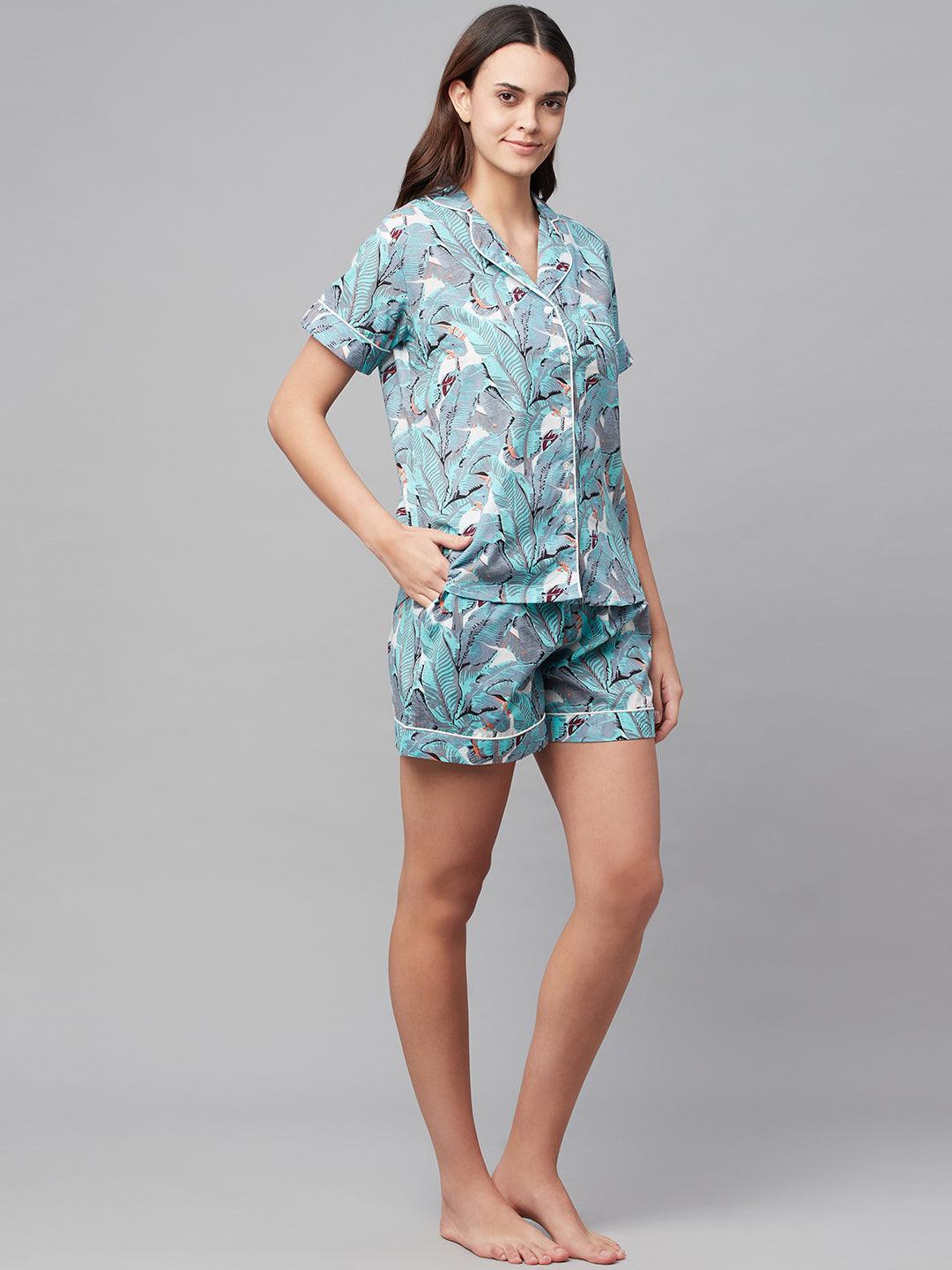 Seagreen Cotton Floral Print Night Suit | LASVINI - Redefining Indian Fashion with Elegance