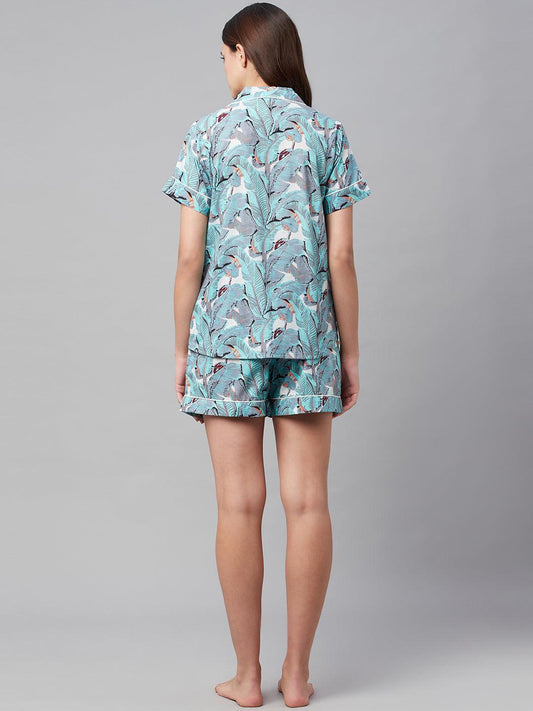 Seagreen Cotton Floral Print Night Suit | LASVINI - Redefining Indian Fashion with Elegance