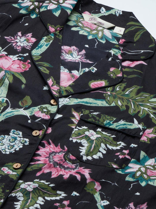 Black Cotton Floral Print Night Suit | LASVINI - Redefining Indian Fashion with Elegance