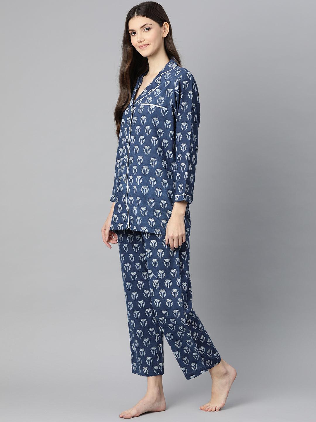 Indigo Hand Block Pure Cotton Night Suit | LASVINI - Redefining Indian Fashion with Elegance