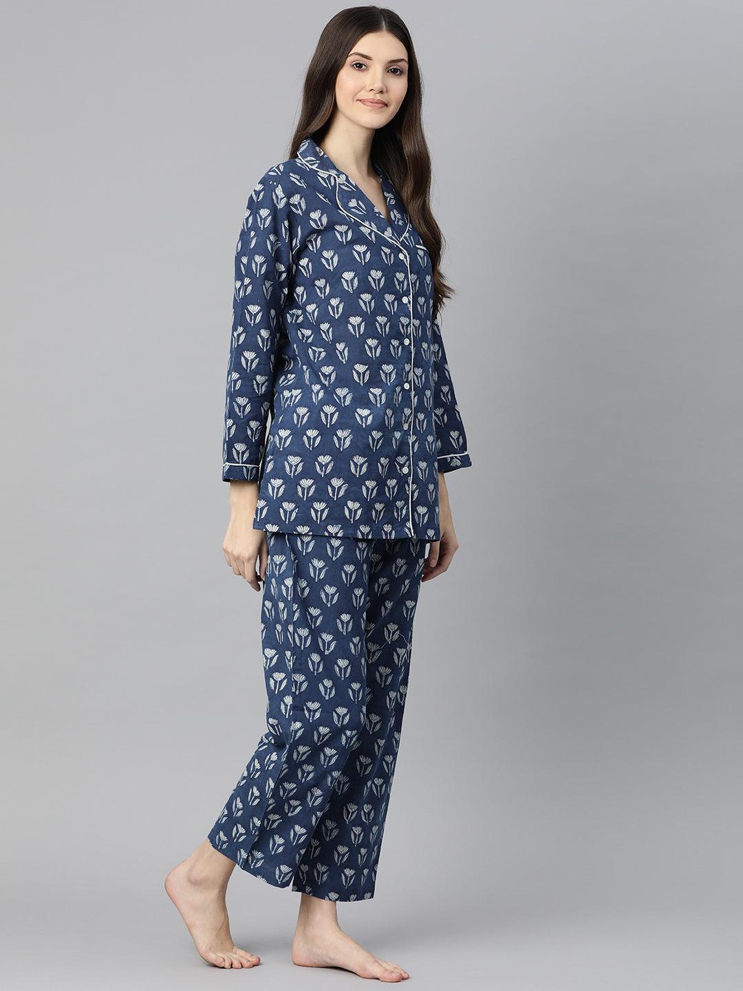 Indigo Hand Block Pure Cotton Night Suit | LASVINI - Redefining Indian Fashion with Elegance