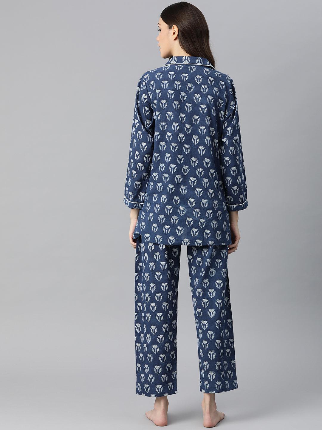 Indigo Hand Block Pure Cotton Night Suit | LASVINI - Redefining Indian Fashion with Elegance
