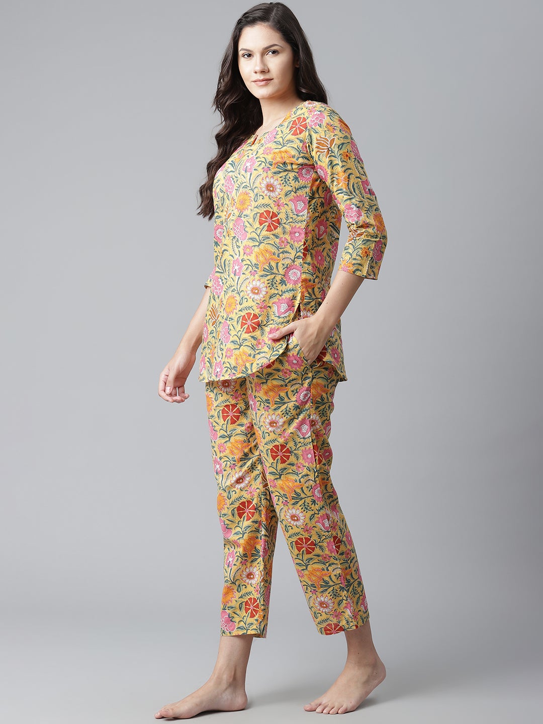 Women'S Yellow Printed Cotton Night Wear | LASVINI - Redefining Indian Fashion with Elegance