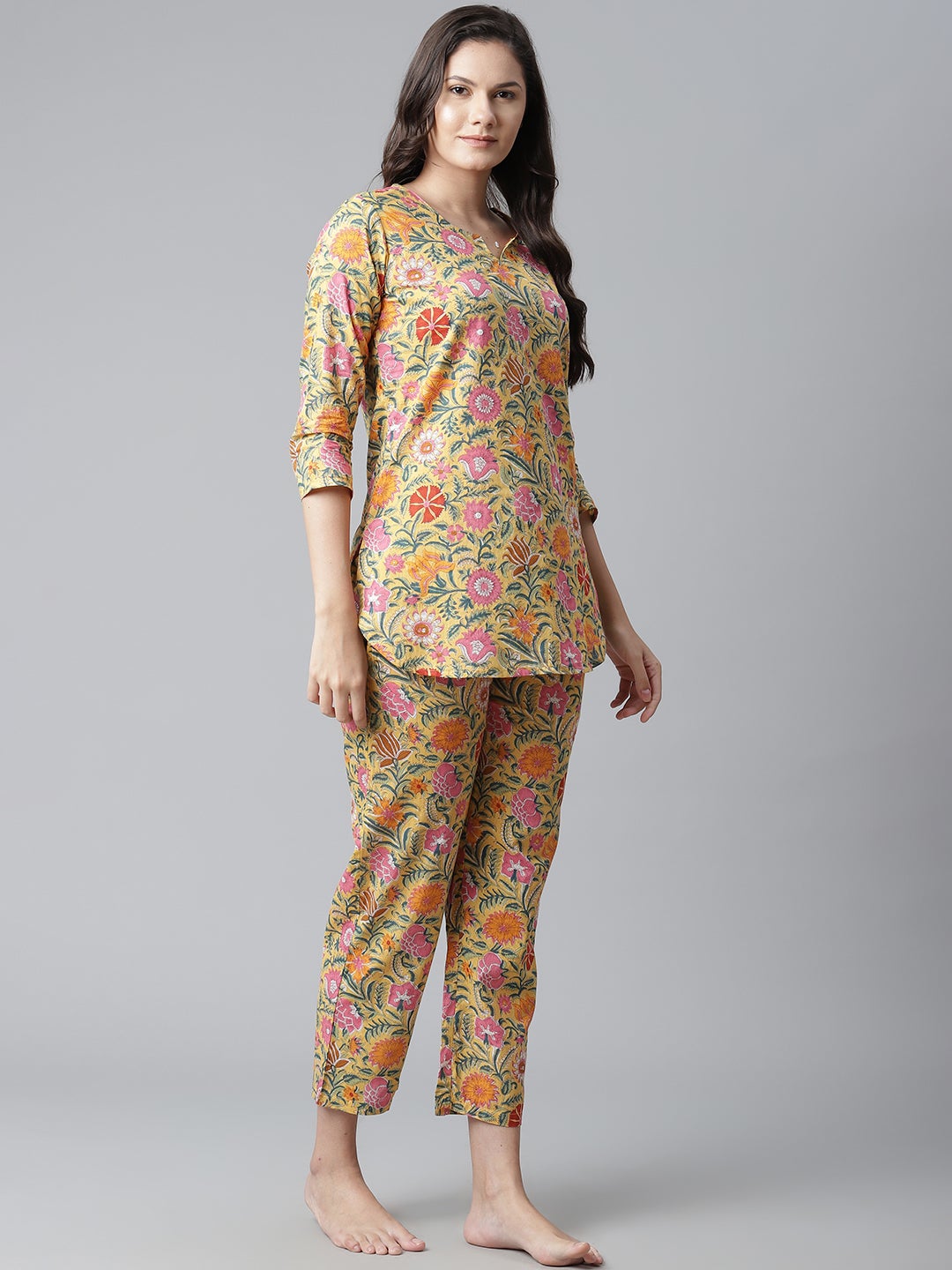 Women'S Yellow Printed Cotton Night Wear | LASVINI - Redefining Indian Fashion with Elegance
