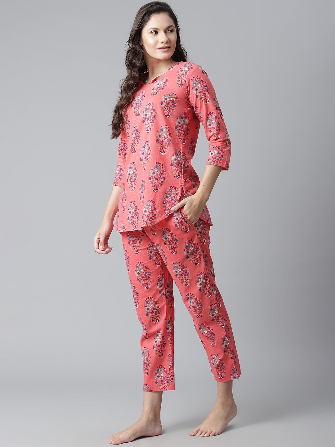 Women'S Peach Cotton Printed Nightsuit | LASVINI - Redefining Indian Fashion with Elegance