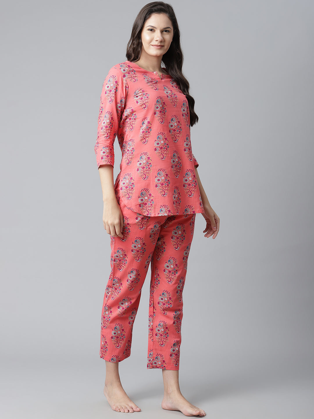 Women'S Peach Cotton Printed Nightsuit | LASVINI - Redefining Indian Fashion with Elegance