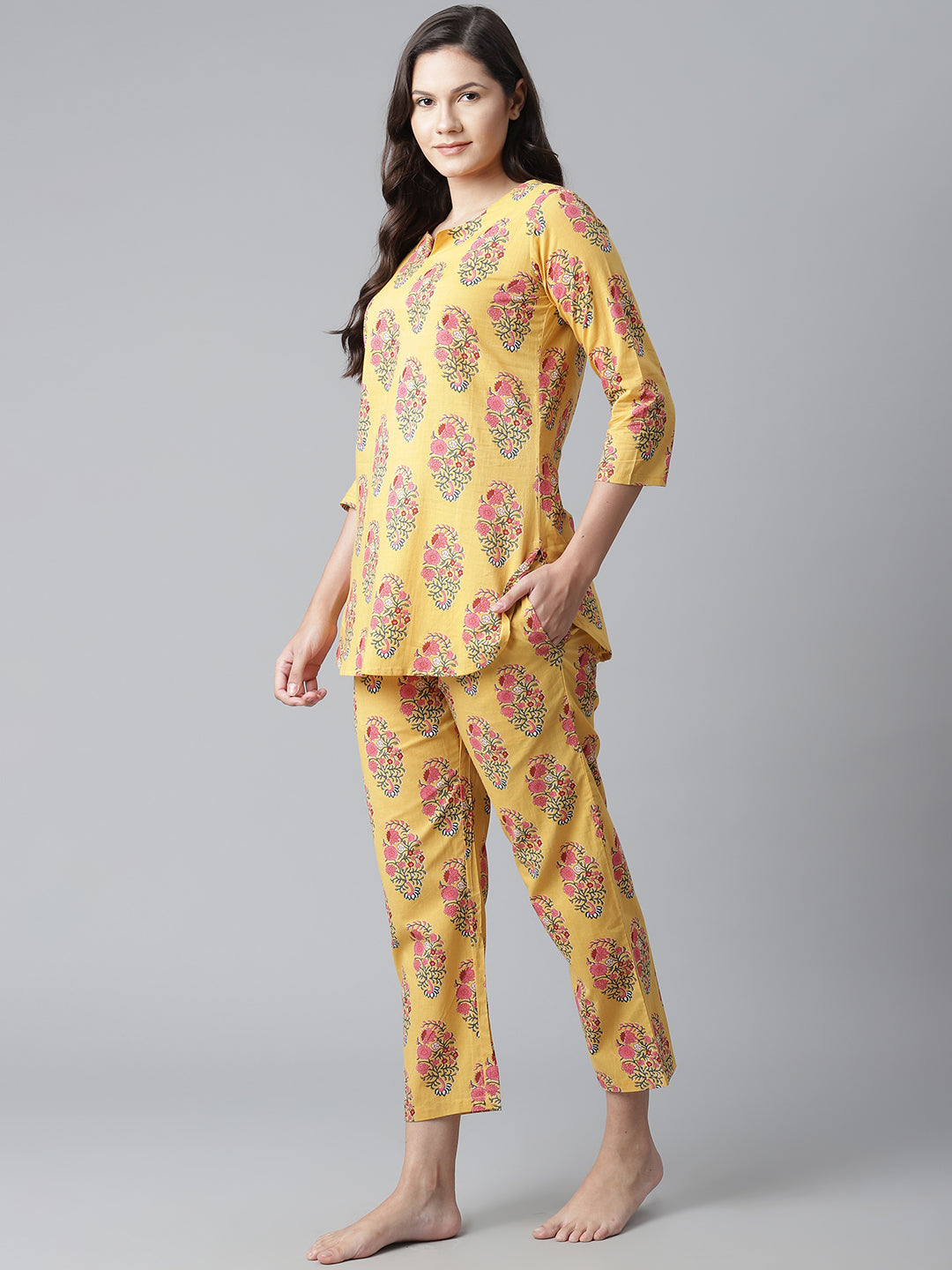 Women'S Yellow Flower Cotton Motif Nightwear | LASVINI - Redefining Indian Fashion with Elegance