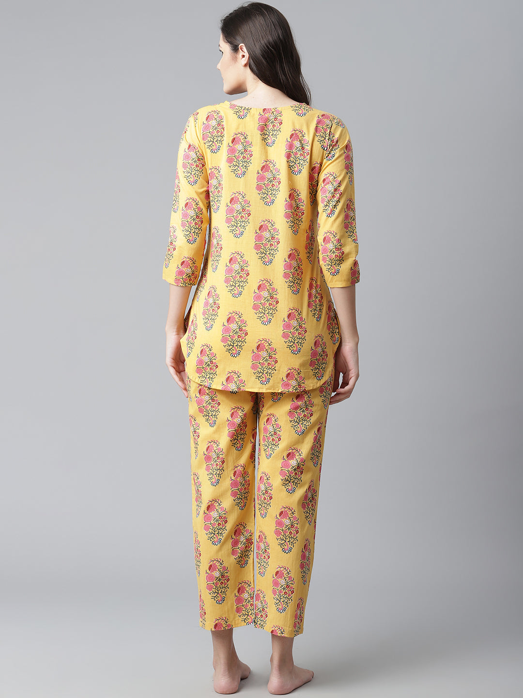 Women'S Yellow Flower Cotton Motif Nightwear | LASVINI - Redefining Indian Fashion with Elegance