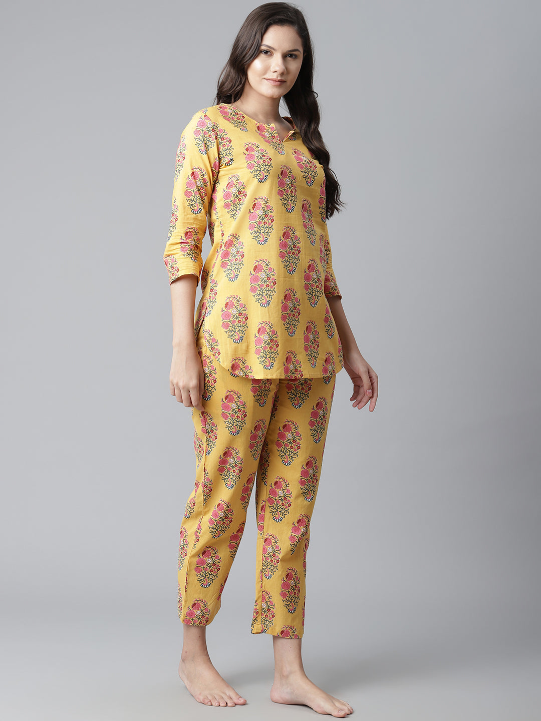 Women'S Yellow Flower Cotton Motif Nightwear | LASVINI - Redefining Indian Fashion with Elegance