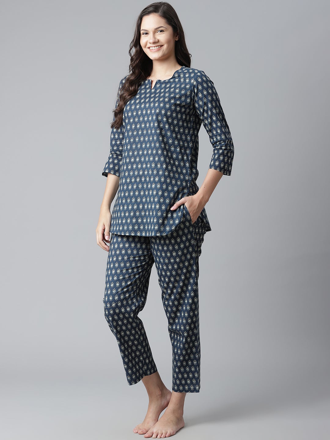 Women'S Dark Blue Buti Print Cotton Nightwear | LASVINI - Redefining Indian Fashion with Elegance