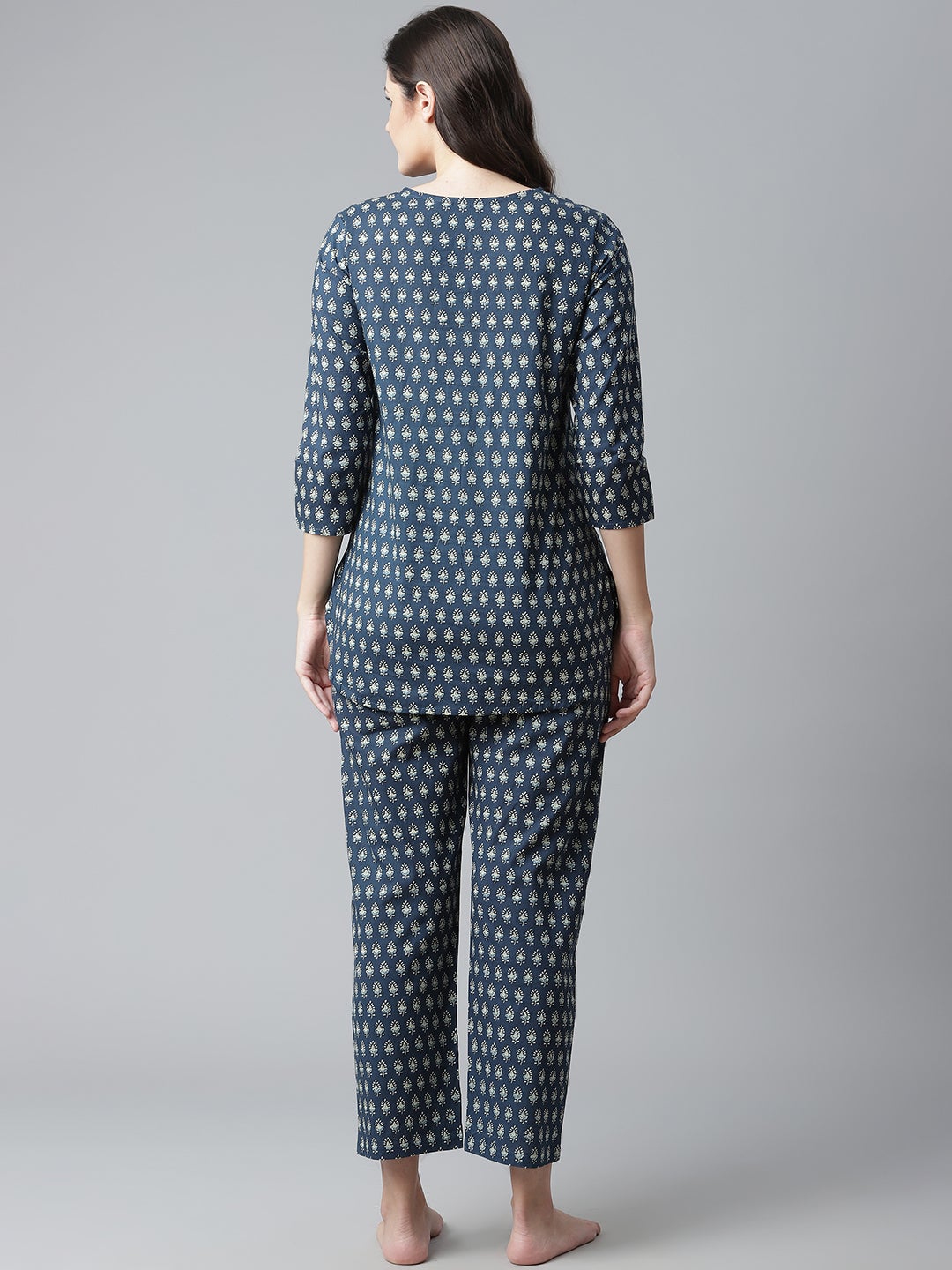 Women'S Dark Blue Buti Print Cotton Nightwear | LASVINI - Redefining Indian Fashion with Elegance