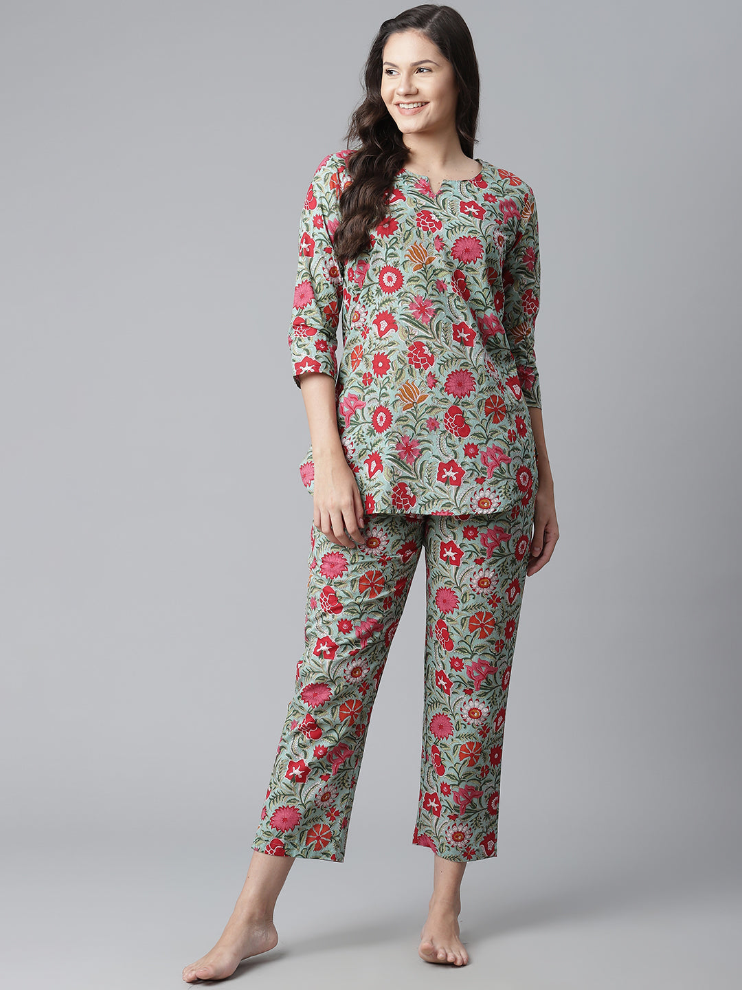Women'S Green Floral Print Cotton Nightwear | LASVINI - Redefining Indian Fashion with Elegance