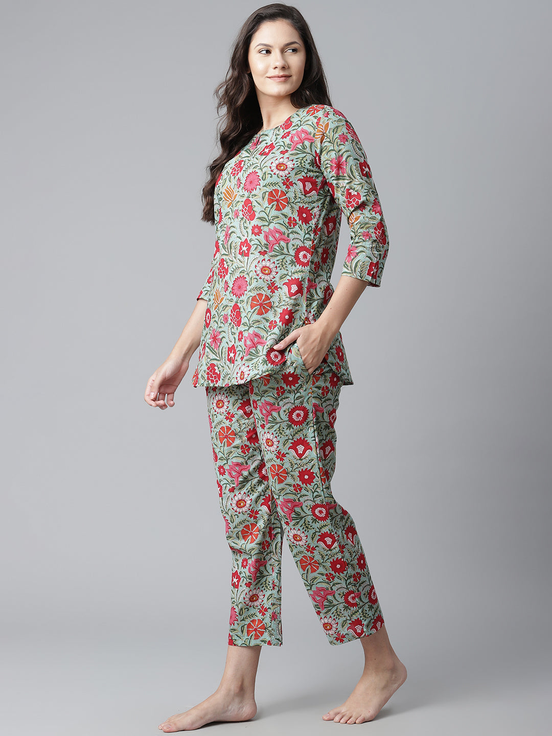 Women'S Green Floral Print Cotton Nightwear | LASVINI - Redefining Indian Fashion with Elegance