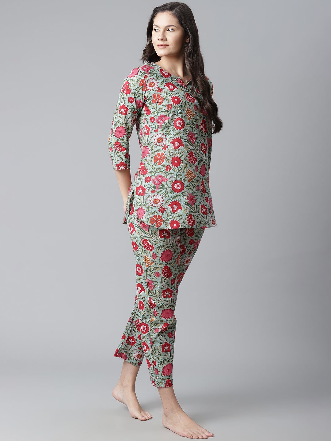 Women'S Green Floral Print Cotton Nightwear | LASVINI - Redefining Indian Fashion with Elegance