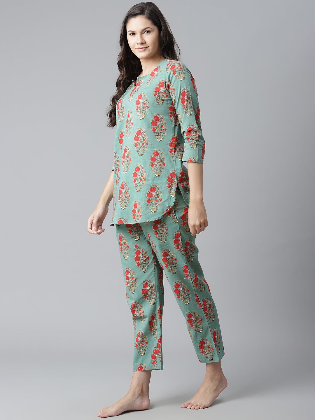 Women'S Green Floral Print Cotton Nightwear | LASVINI - Redefining Indian Fashion with Elegance