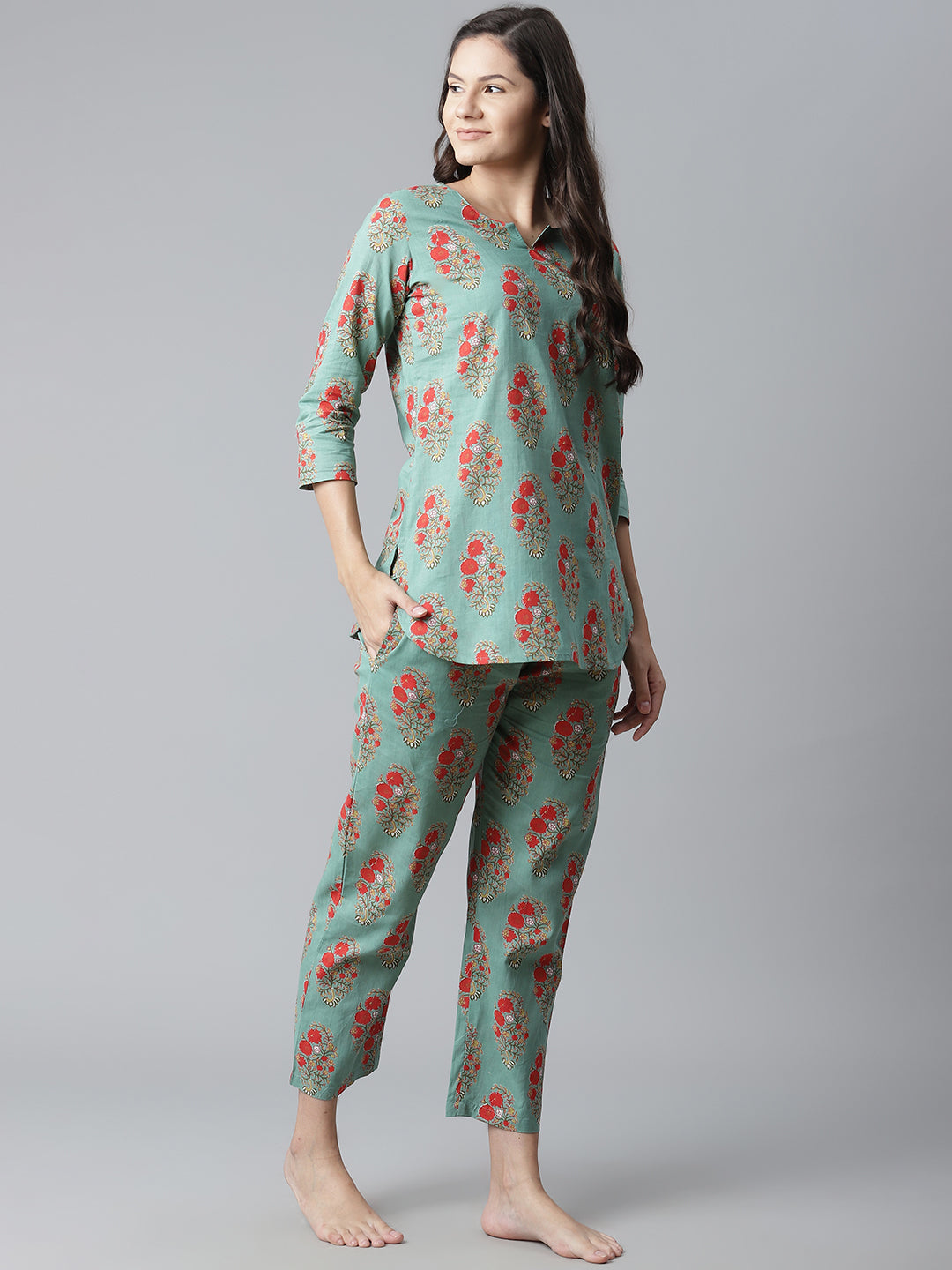 Women'S Green Floral Print Cotton Nightwear | LASVINI - Redefining Indian Fashion with Elegance
