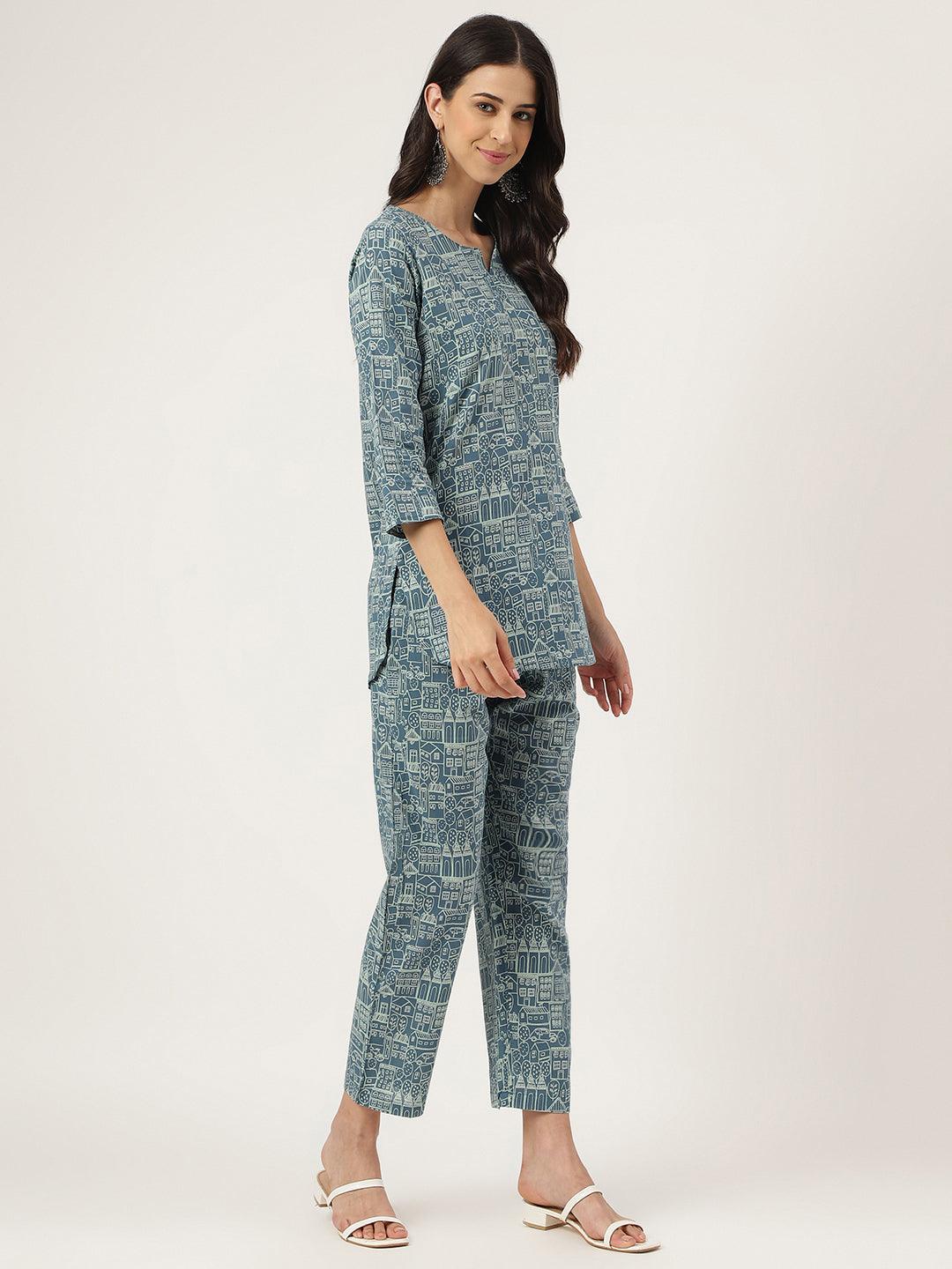 Teal Blue Printed Loungewear/Nightwear | LASVINI - Redefining Indian Fashion with Elegance