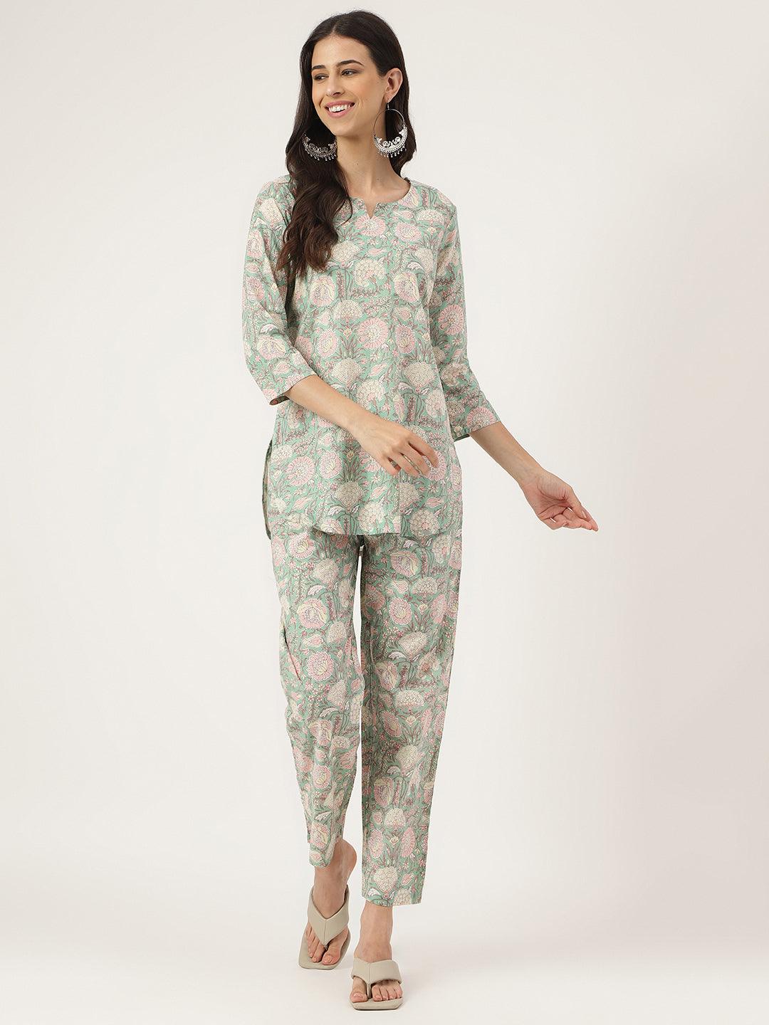 Mint Green Printed Loungewear/Nightwear | LASVINI - Redefining Indian Fashion with Elegance