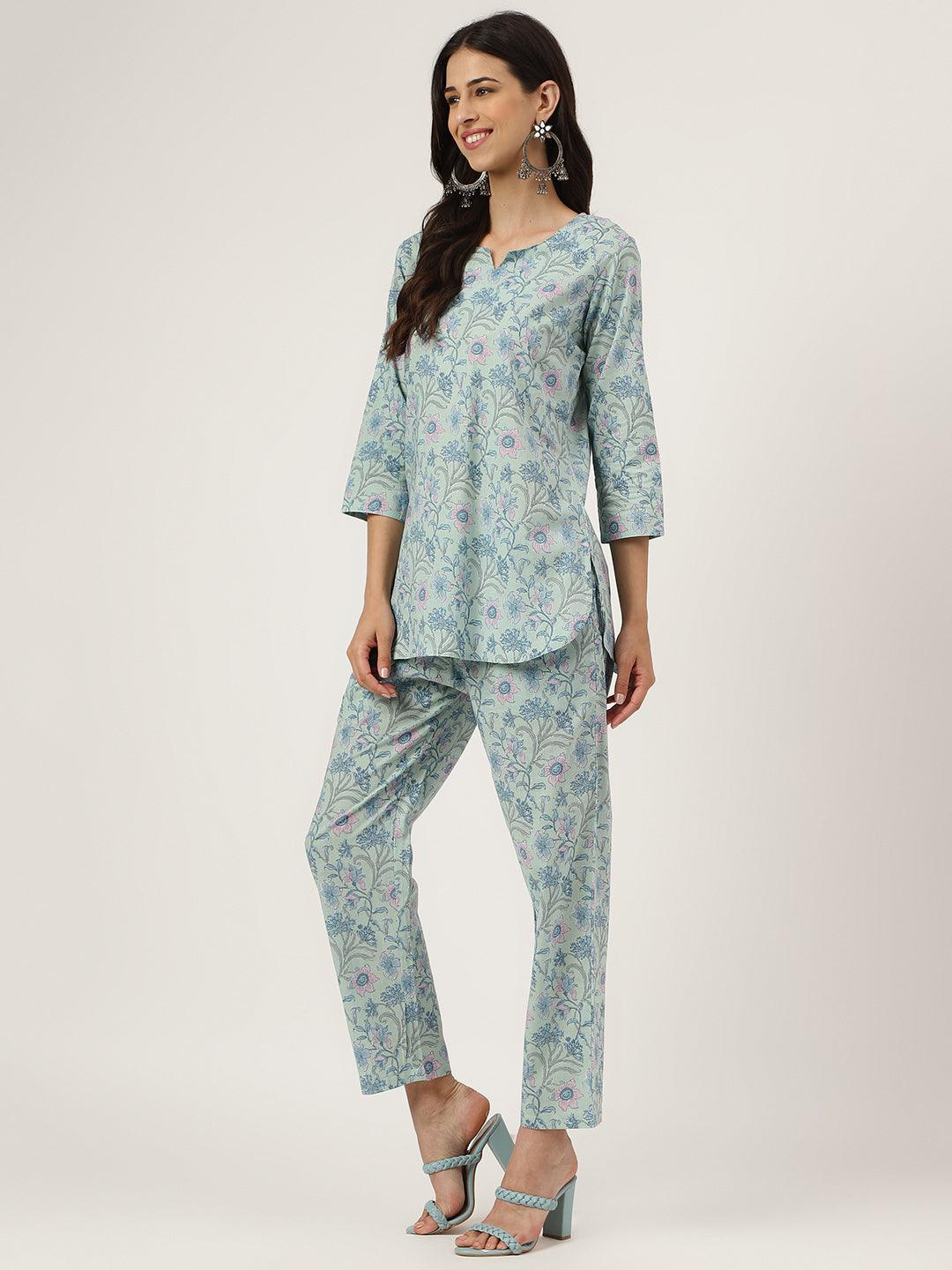 Turquoise Blue Printed Loungewear/Nightwear | LASVINI - Redefining Indian Fashion with Elegance