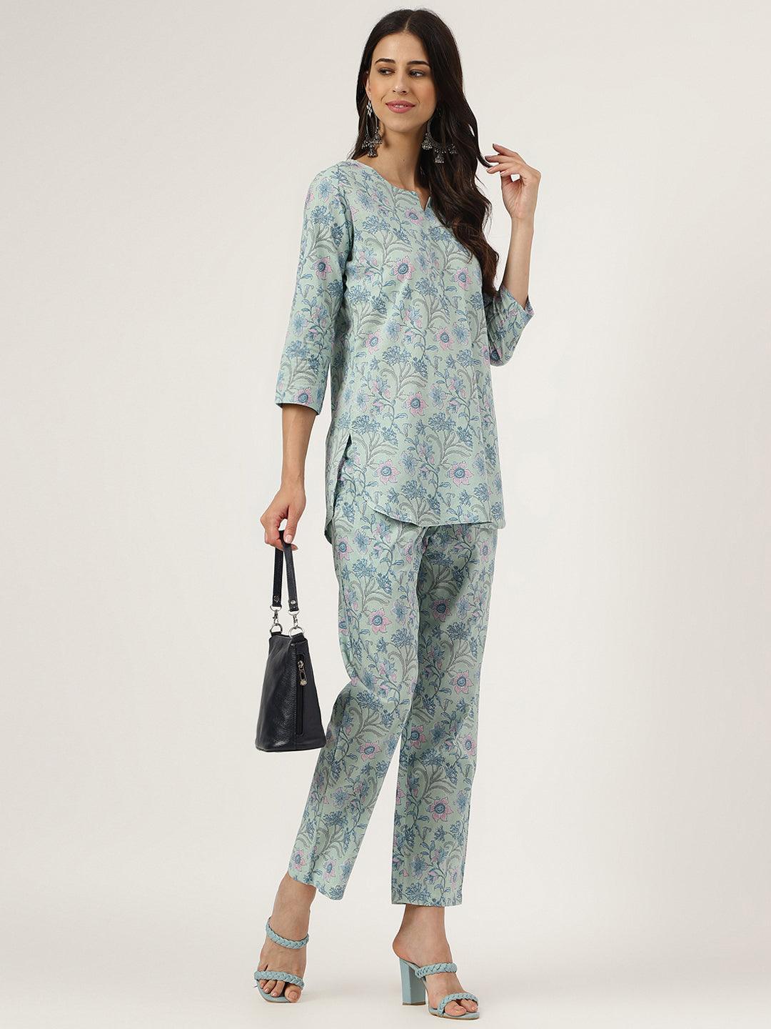 Turquoise Blue Printed Loungewear/Nightwear | LASVINI - Redefining Indian Fashion with Elegance
