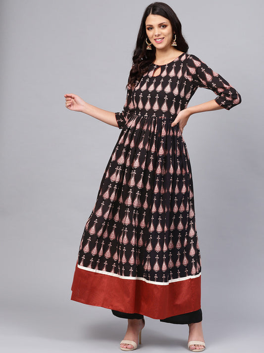 Women'S Black Printed Cotton Floor Lenth Anarkali | LASVINI - Redefining Indian Fashion with Elegance