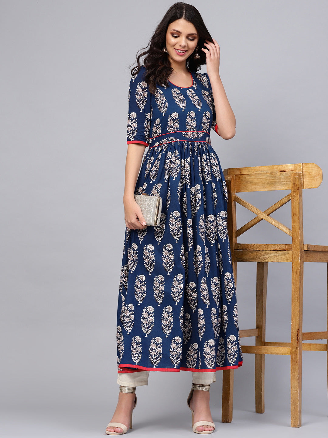 Women'S Royal Blue Printed Floor Length Anarkali | LASVINI - Redefining Indian Fashion with Elegance