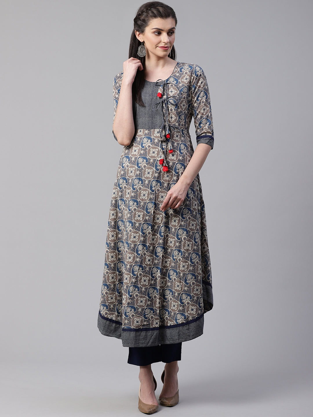 Women'S Blue And Grey Cotton Anarkali | LASVINI - Redefining Indian Fashion with Elegance