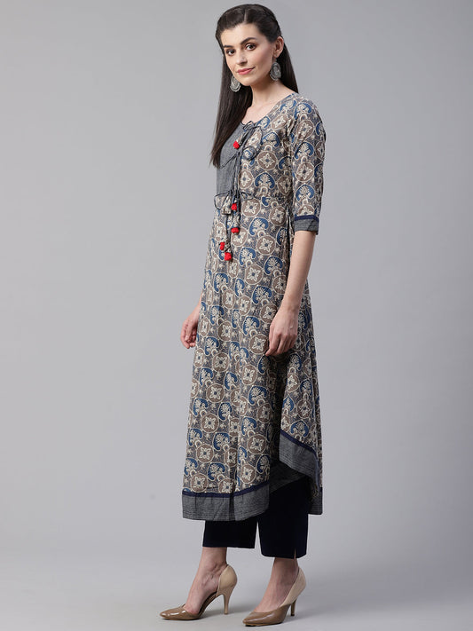 Women'S Blue And Grey Cotton Anarkali | LASVINI - Redefining Indian Fashion with Elegance