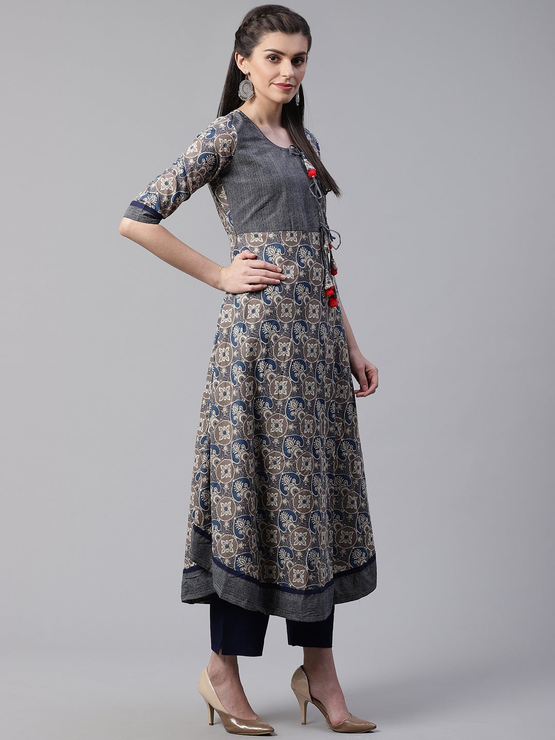 Women'S Blue And Grey Cotton Anarkali | LASVINI - Redefining Indian Fashion with Elegance