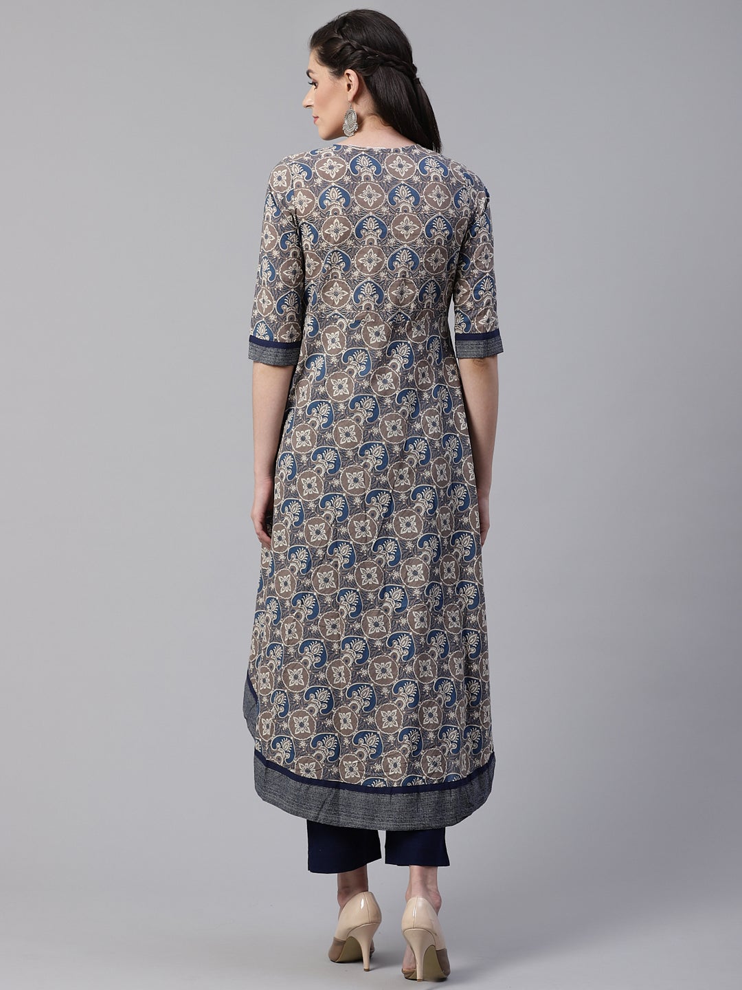 Women'S Blue And Grey Cotton Anarkali | LASVINI - Redefining Indian Fashion with Elegance