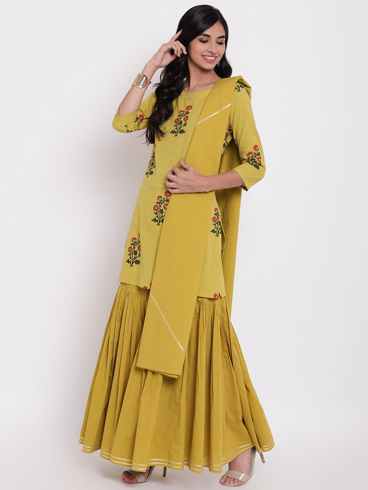 Women'S Lemon Yellow Cotton Sharara Kurta Set With Dupatta | LASVINI - Redefining Indian Fashion with Elegance