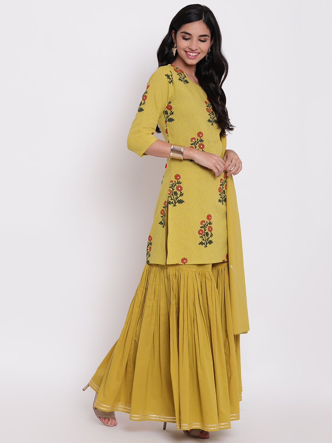 Women'S Lemon Yellow Cotton Sharara Kurta Set With Dupatta | LASVINI - Redefining Indian Fashion with Elegance