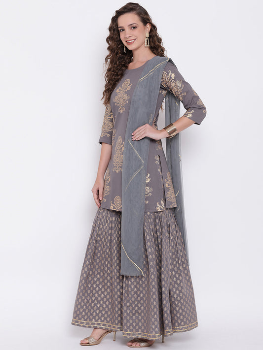 Women'S Grey Foil Print Cotton Sharara Set With Net Dupatta | LASVINI - Redefining Indian Fashion with Elegance