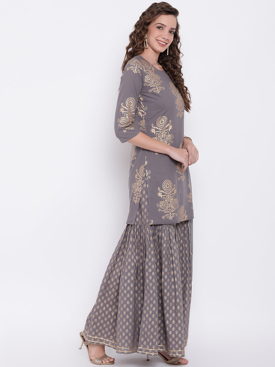 Women'S Grey Foil Print Cotton Sharara Set With Net Dupatta | LASVINI - Redefining Indian Fashion with Elegance