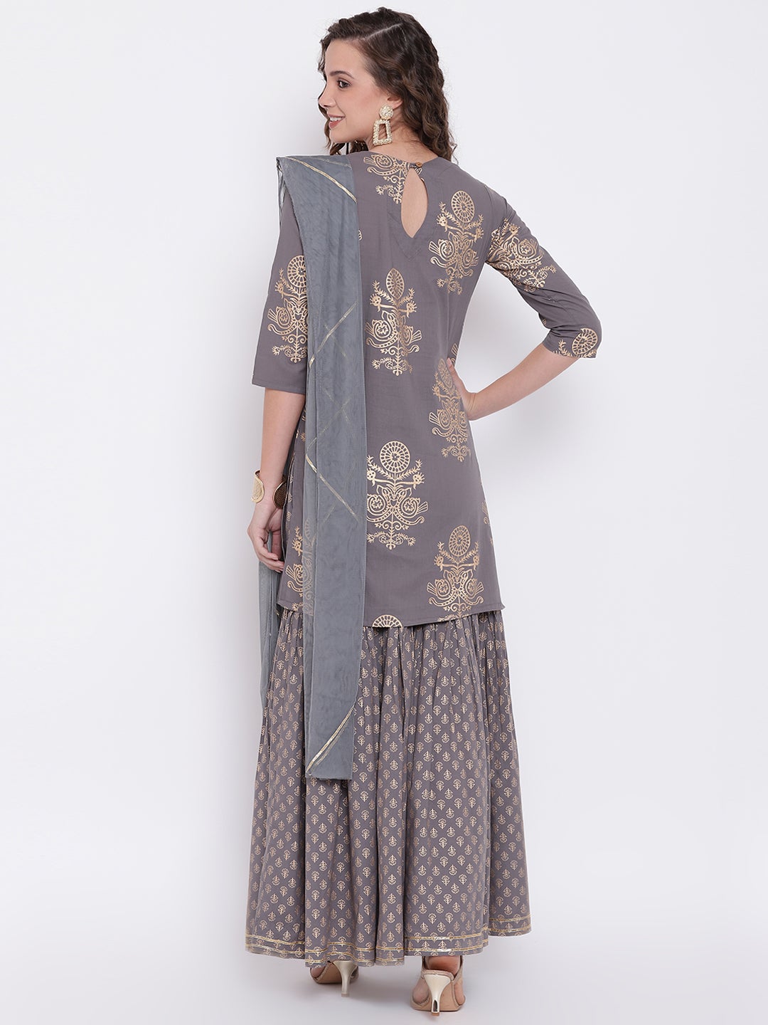 Women'S Grey Foil Print Cotton Sharara Set With Net Dupatta | LASVINI - Redefining Indian Fashion with Elegance